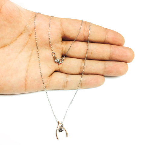 Sterling Silver Rose Finish Wishbone Puffy Heart Necklace, 18"