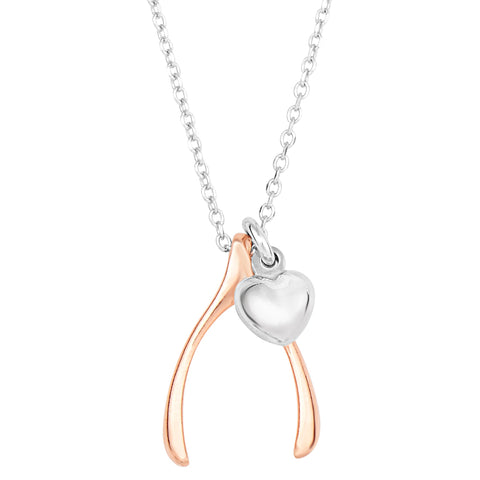 Sterling Silver Rose Finish Wishbone Puffy Heart Necklace, 18"