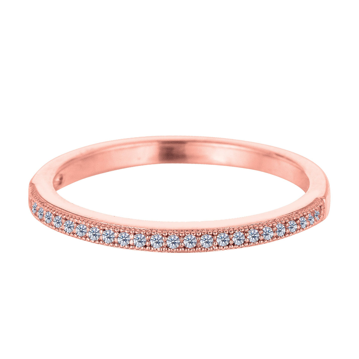 Sterling Silver Rose Tone Finish Milgrain Stackable Ring With Pave' Set Cz Stones - JewelryAffairs