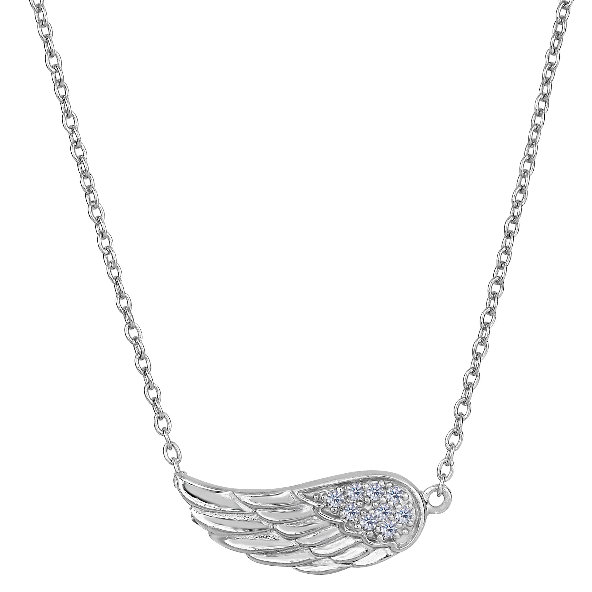 Sterling Silver Sideways Angel Wing Pendant CZ Fashion Necklace, 18" - JewelryAffairs