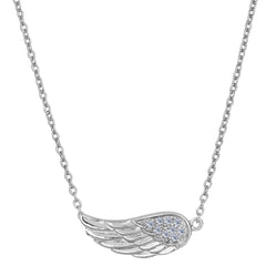 Sterling Silver Sideways Angel Wing Pendant CZ Fashion Necklace, 18" - JewelryAffairs