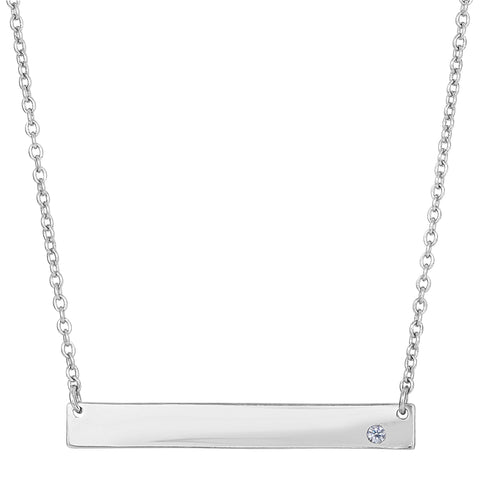 Sterling Silver Sideways Engravable Bar Pendant CZ Necklace, 18"
