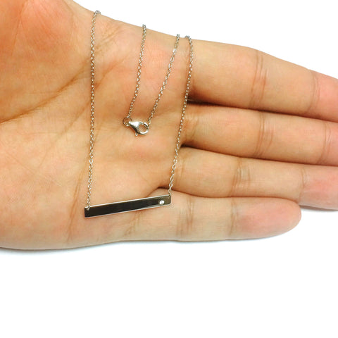 Sterling Silver Sideways Engravable Bar Pendant CZ Necklace, 18"