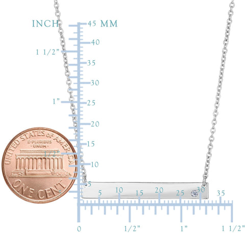 Sterling Silver Sideways Engravable Bar Pendant CZ Necklace, 18"