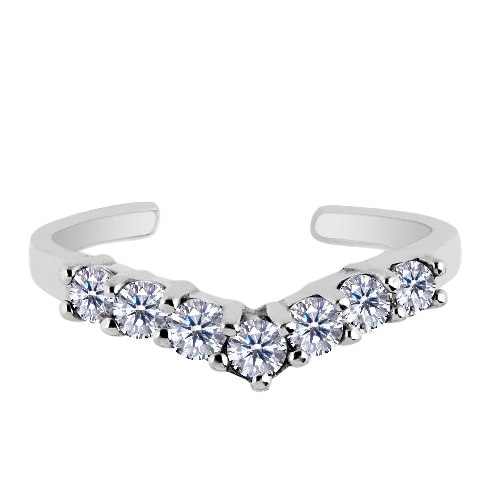 Sterling Silver V Shape Prong Set CZ Cuff Style Adjustable Toe Ring - JewelryAffairs