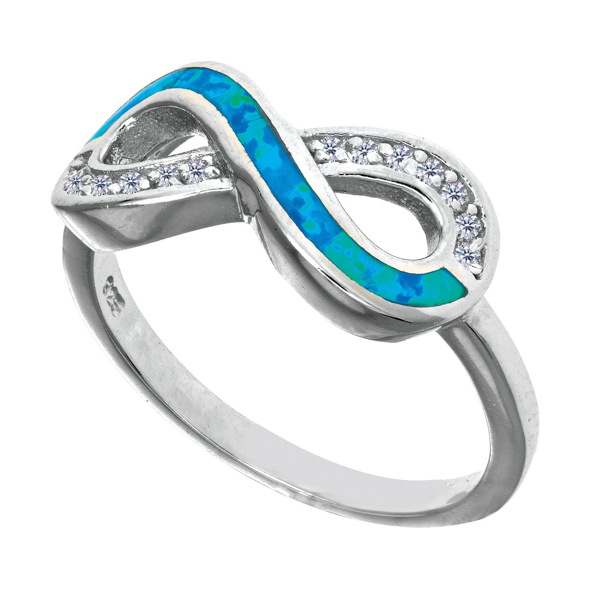 Sterling Silver With Rhodium Finish Infinity Design With Cz And Created Opal Ring - JewelryAffairs