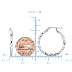 Sterling Silver With Rhodium Plated Shiny Diamond Cut Finish Round Hoop Earrings