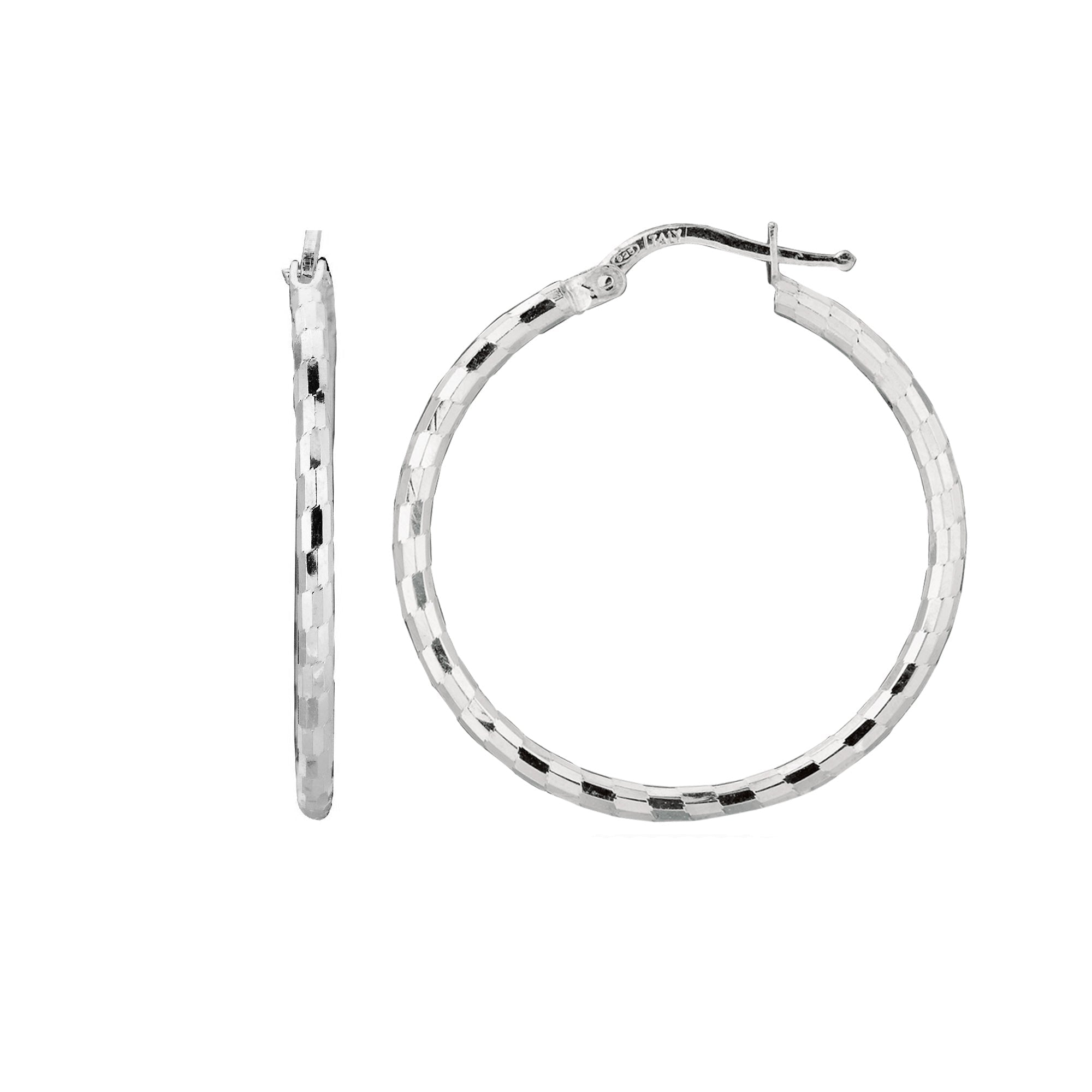 Sterling Silver With Rhodium Plated Shiny Diamond Cut Finish Round Hoop Earrings - JewelryAffairs