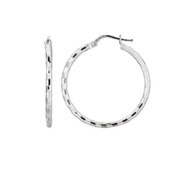 Sterling Silver With Rhodium Plated Shiny Diamond Cut Finish Round Hoop Earrings - JewelryAffairs