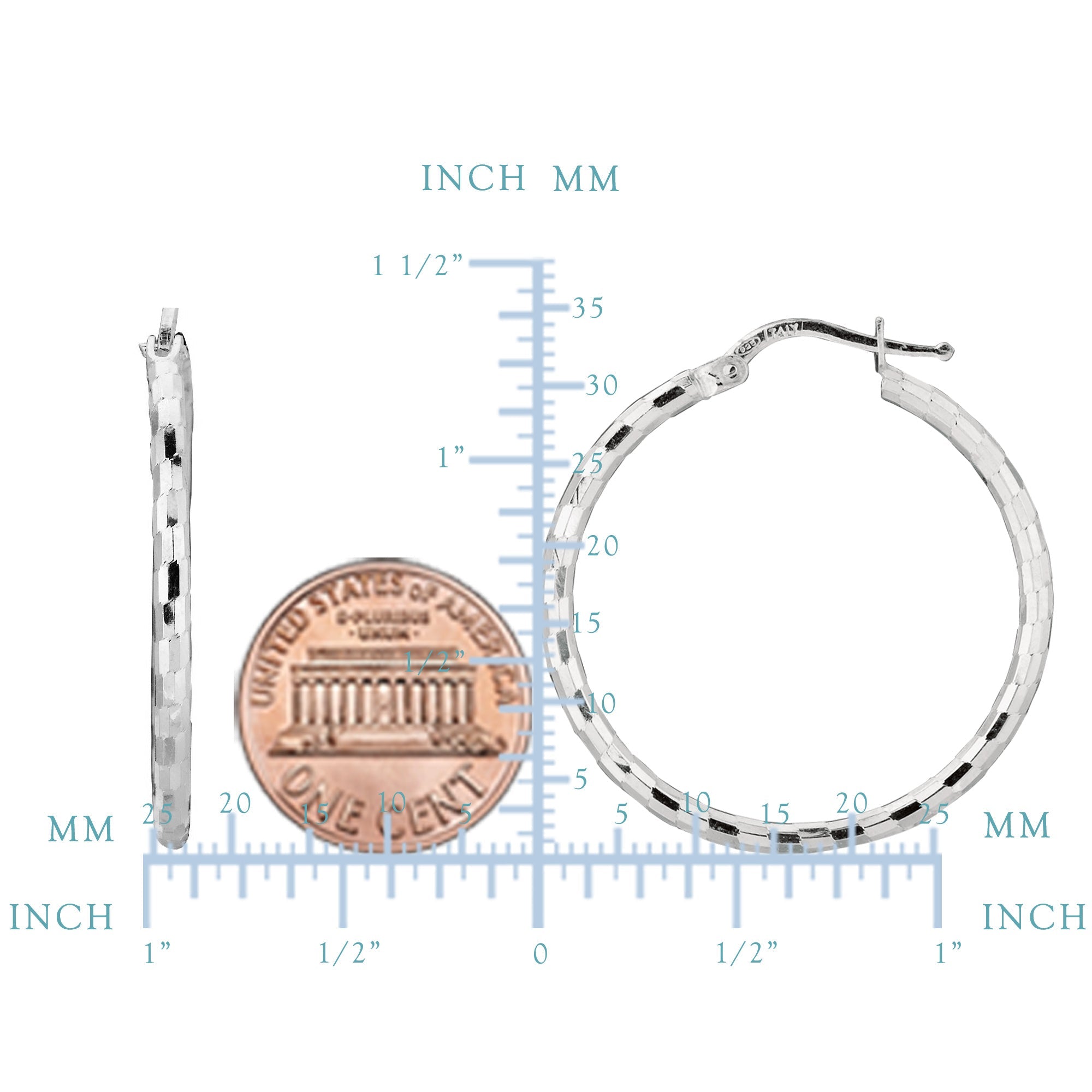 Sterling Silver With Rhodium Plated Shiny Diamond Cut Finish Round Hoop Earrings - JewelryAffairs