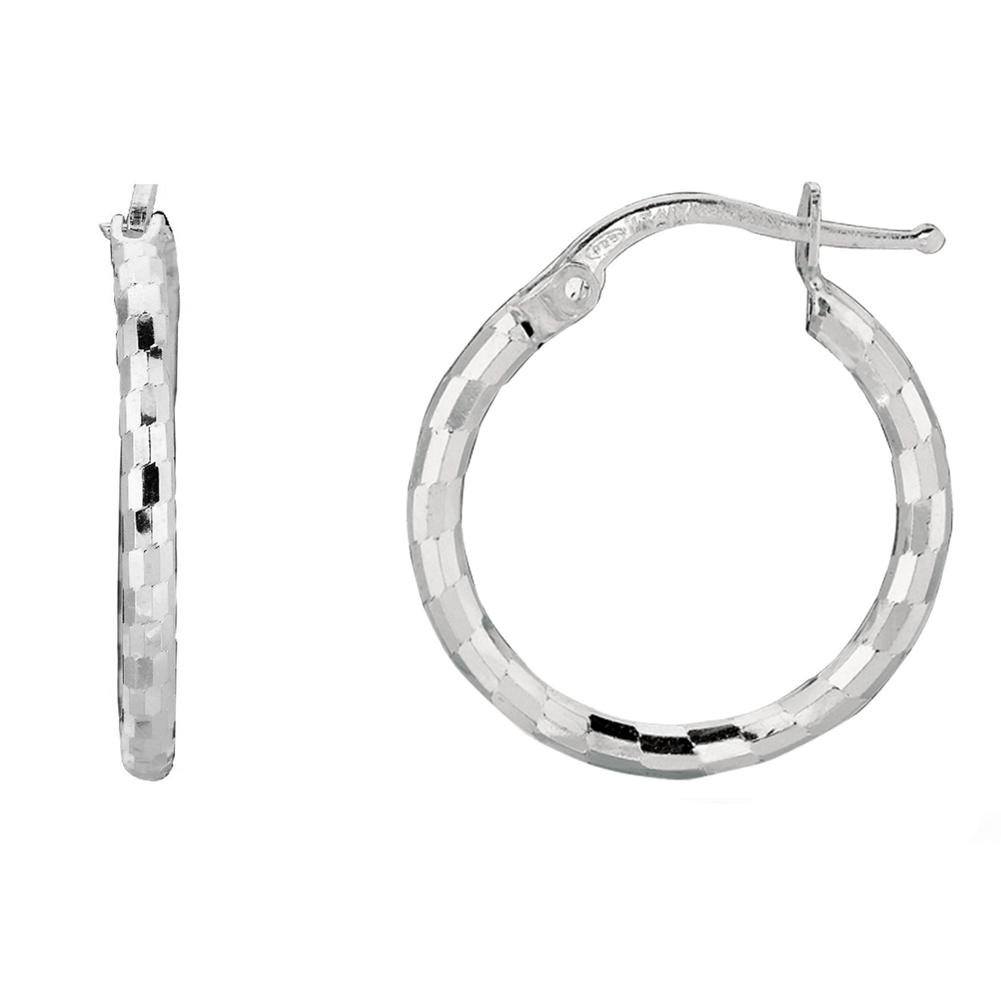 Sterling Silver With Rhodium Plated Shiny Diamond Cut Finish Round Hoop Earrings - JewelryAffairs