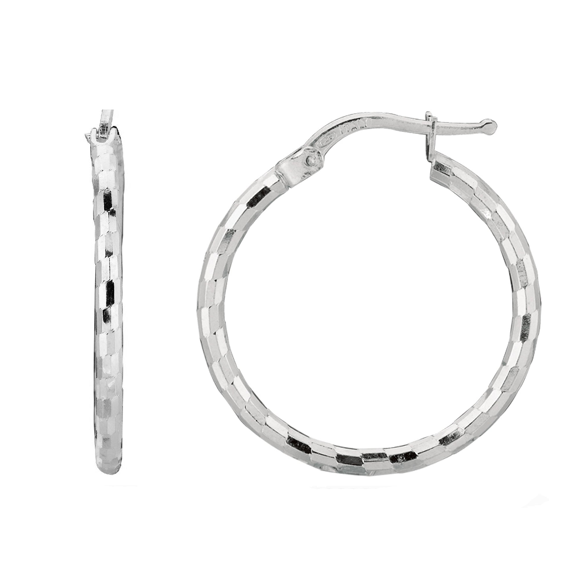 Sterling Silver With Rhodium Plated Shiny Diamond Cut Finish Round Hoop Earrings - JewelryAffairs