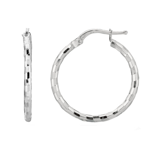 Sterling Silver With Rhodium Plated Shiny Diamond Cut Finish Round Hoop Earrings