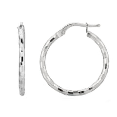 Sterling Silver With Rhodium Plated Shiny Diamond Cut Finish Round Hoop Earrings - JewelryAffairs