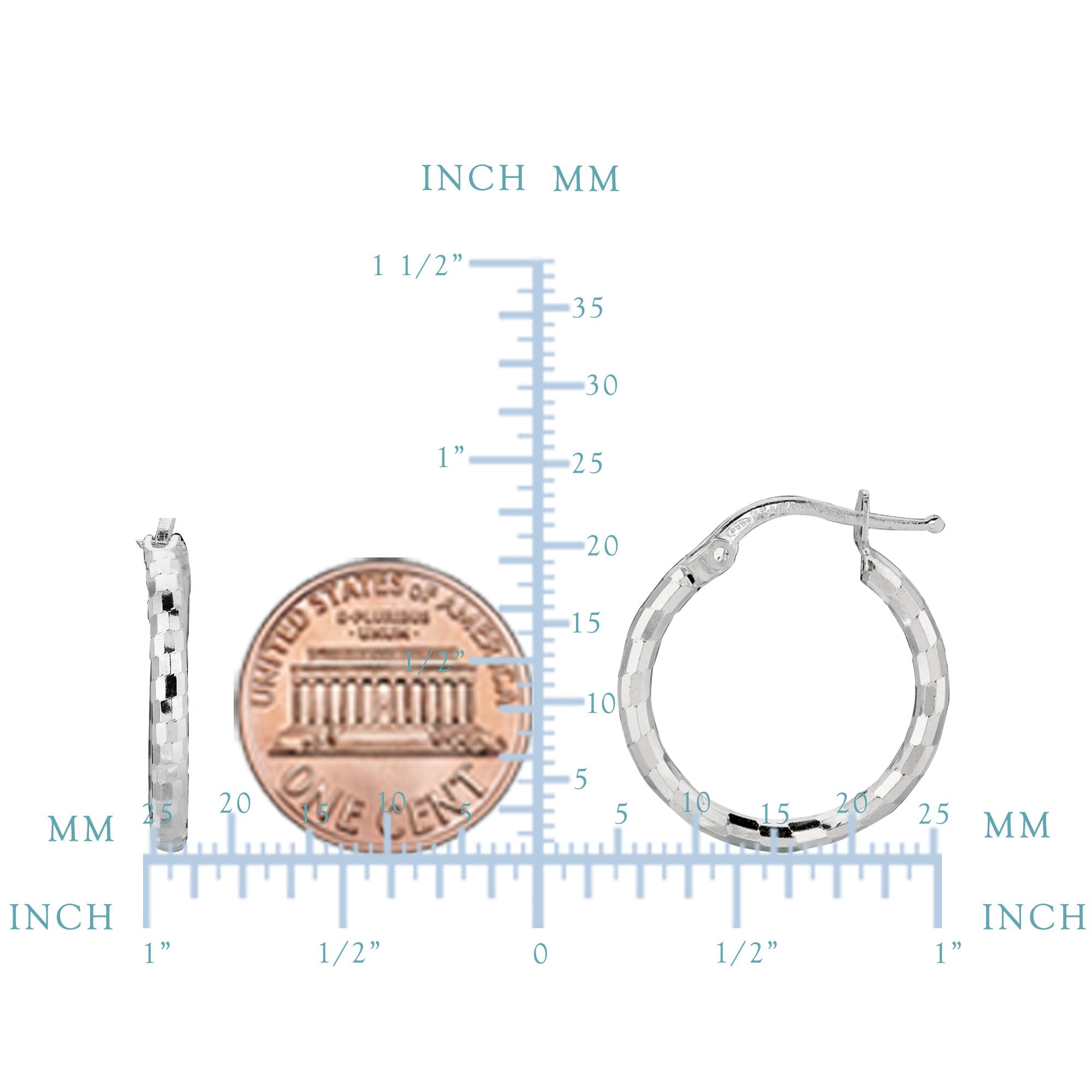 Sterling Silver With Rhodium Plated Shiny Diamond Cut Finish Round Hoop Earrings - JewelryAffairs
