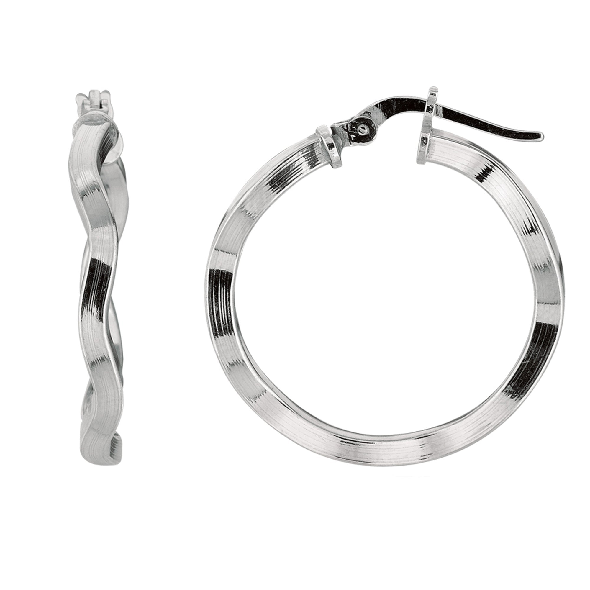 Sterling Silver With Rhodium Plated Wavy Round Hoop Earrings - JewelryAffairs