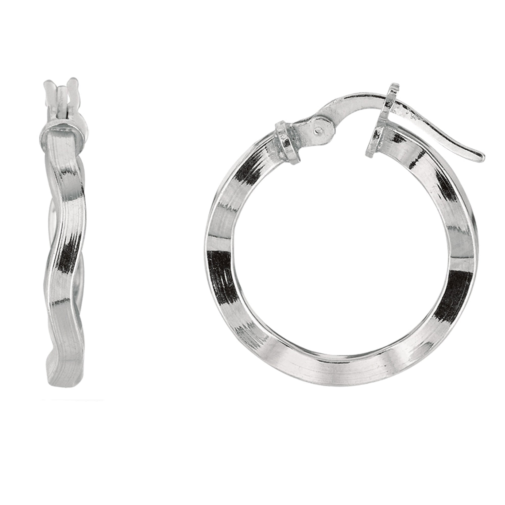 Sterling Silver With Rhodium Plated Wavy Round Hoop Earrings - JewelryAffairs