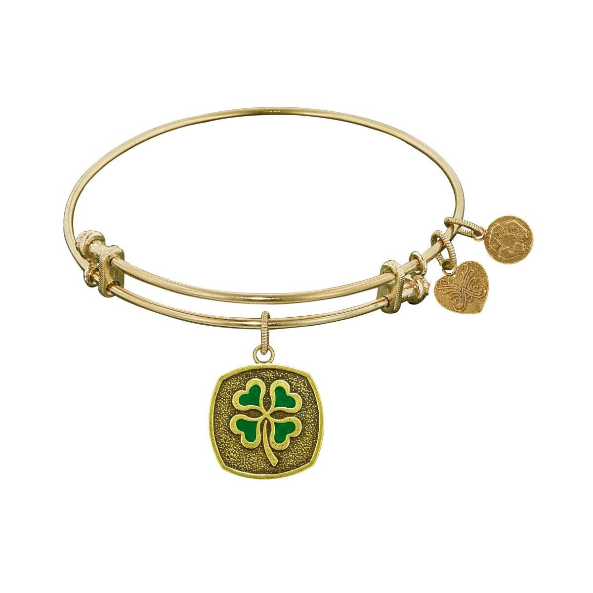 Stipple Finish Brass Four Leaf Clover - Enamel Angelica Bangle Bracelet, 7.25"