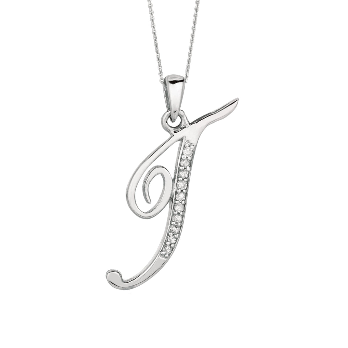 "T" Sterling Silver Rhodium Plated Script Initial Letter With Diamonds On 18 Inch Chain ( 0.05 Tcw) - JewelryAffairs