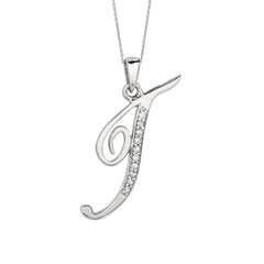"T" Sterling Silver Rhodium Plated Script Initial Letter With Diamonds On 18 Inch Chain ( 0.05 Tcw) - JewelryAffairs