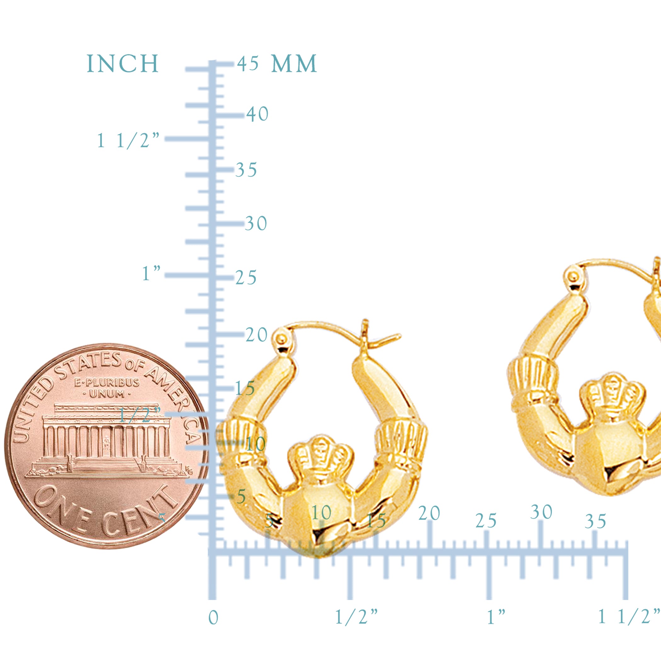 14k Gold Shiny Claddagh Design Hoop Earrings, Diameter 20mm fine designer jewelry for men and women