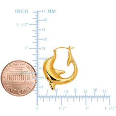 14K Yellow Gold Shiny Dolphin Hoop Earrings, Diameter 22mm fine designer jewelry for men and women