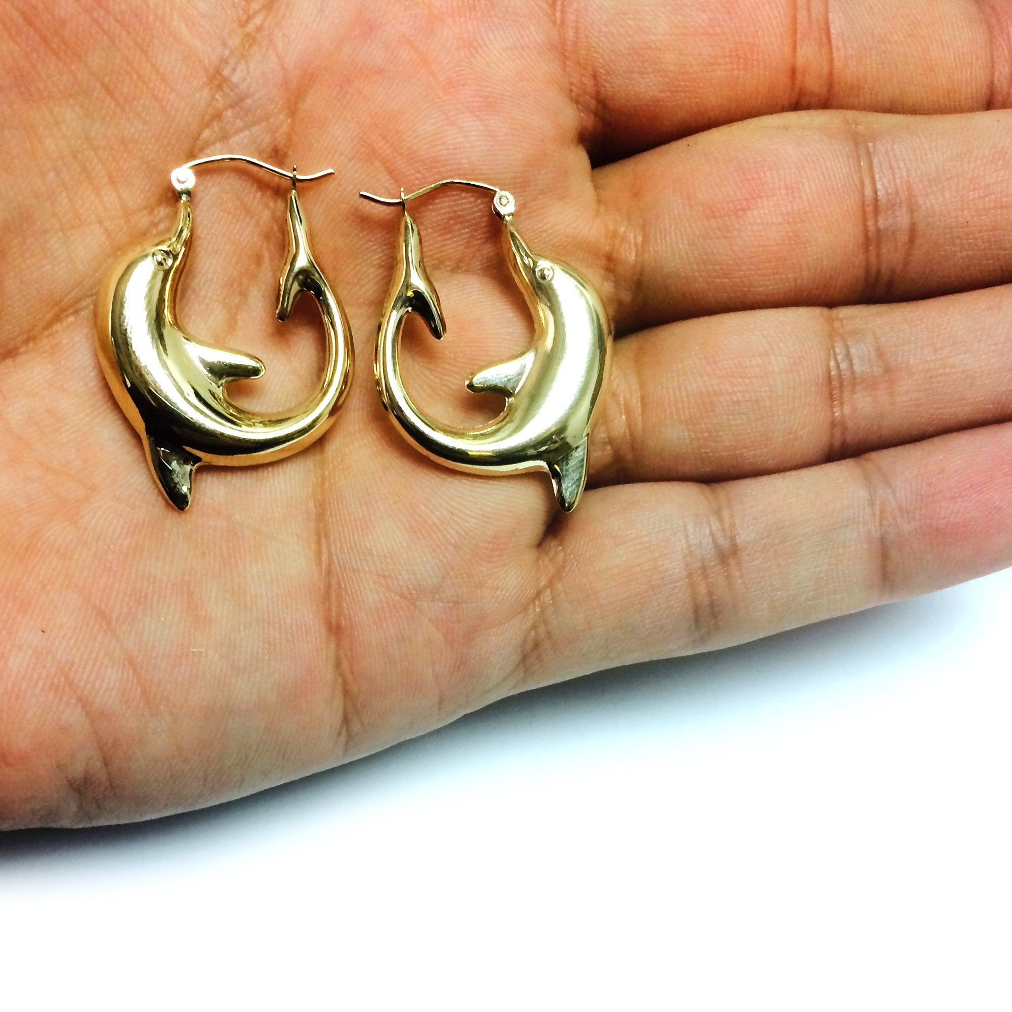 14K Yellow Gold Shiny Dolphin Hoop Earrings, Diameter 22mm fine designer jewelry for men and women