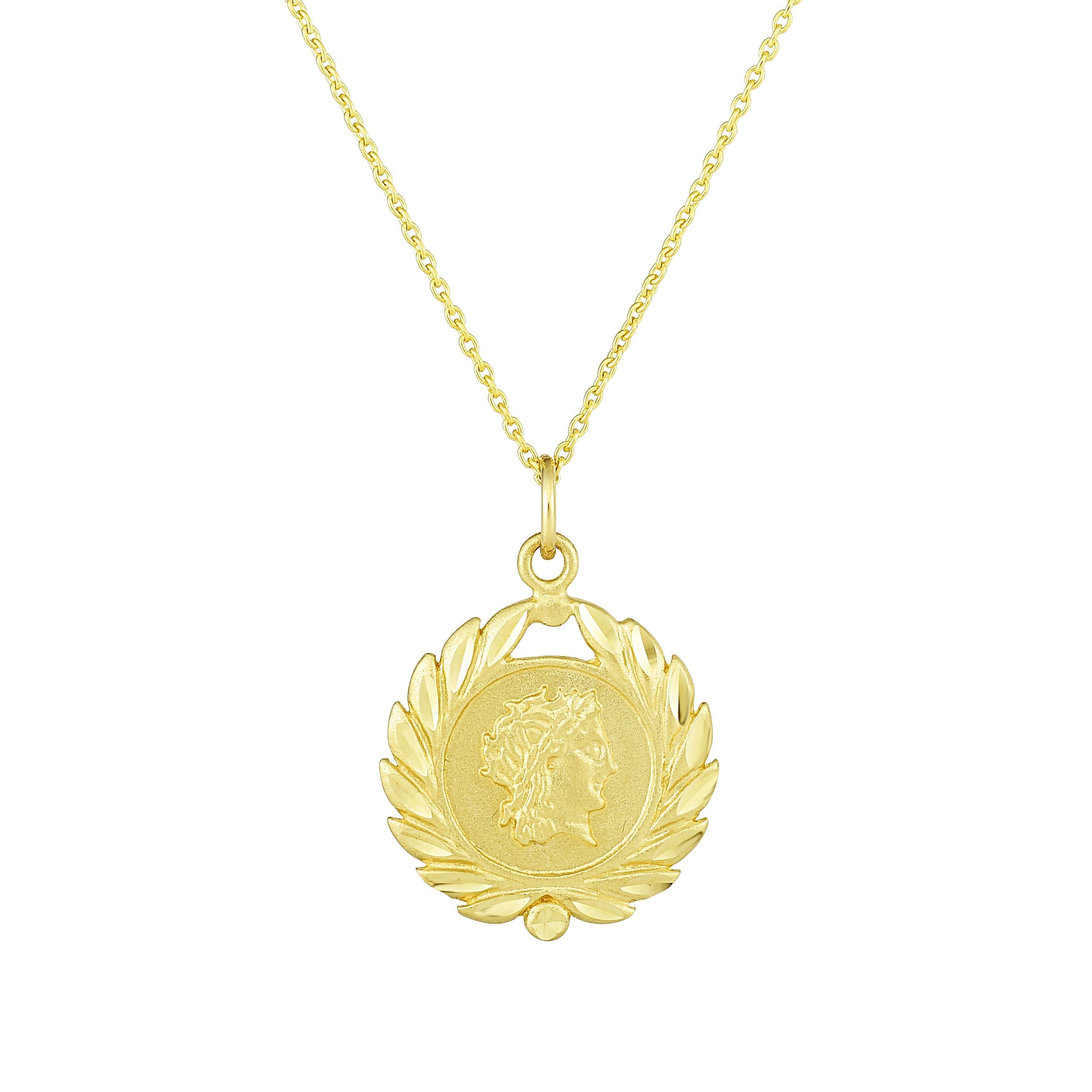 14k Yellow Gold Roman Coin Pendant Necklace, 18" fine designer jewelry for men and women