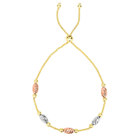 Tricolor Diamond Cut Oval Bead Stations Bolo Friendship Adjustable Bracelet In 14K Gold, 9.25"