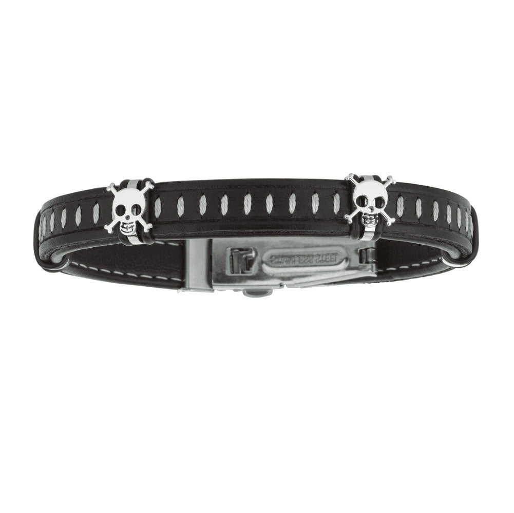 Mens Dark Leather Bracelet With Stainless Steel Skulls And Deployment Clasp, 8.5" fine designer jewelry for men and women