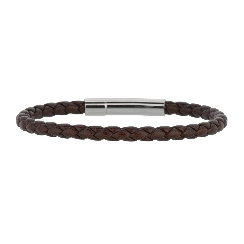 Mens Breaded Brown Leather Bracelet With Stainless Steel, 7.5" fine designer jewelry for men and women