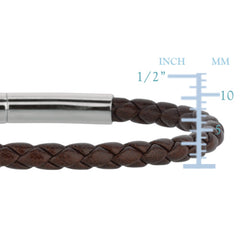 Mens Breaded Brown Leather Bracelet With Stainless Steel, 7.5" fine designer jewelry for men and women