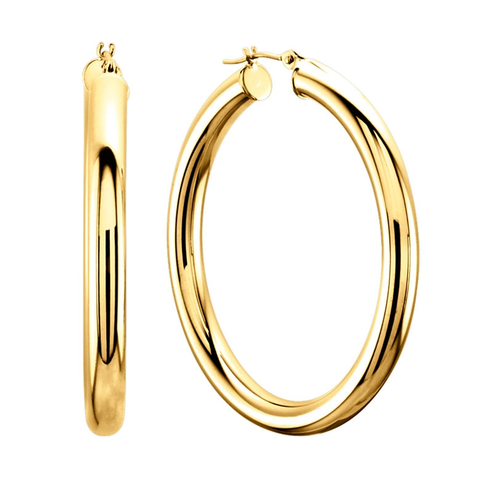 14K Yellow Gold 4MM Shiny Round Tube Hoop Earrings fine designer jewelry for men and women
