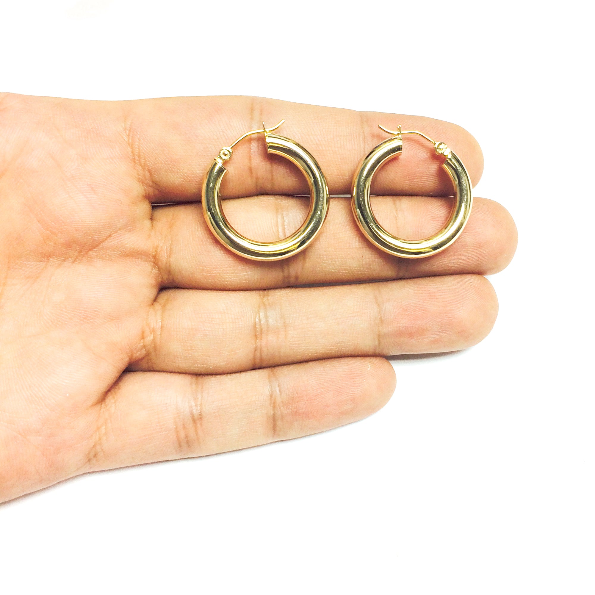 14K Yellow Gold 4MM Shiny Round Tube Hoop Earrings fine designer jewelry for men and women