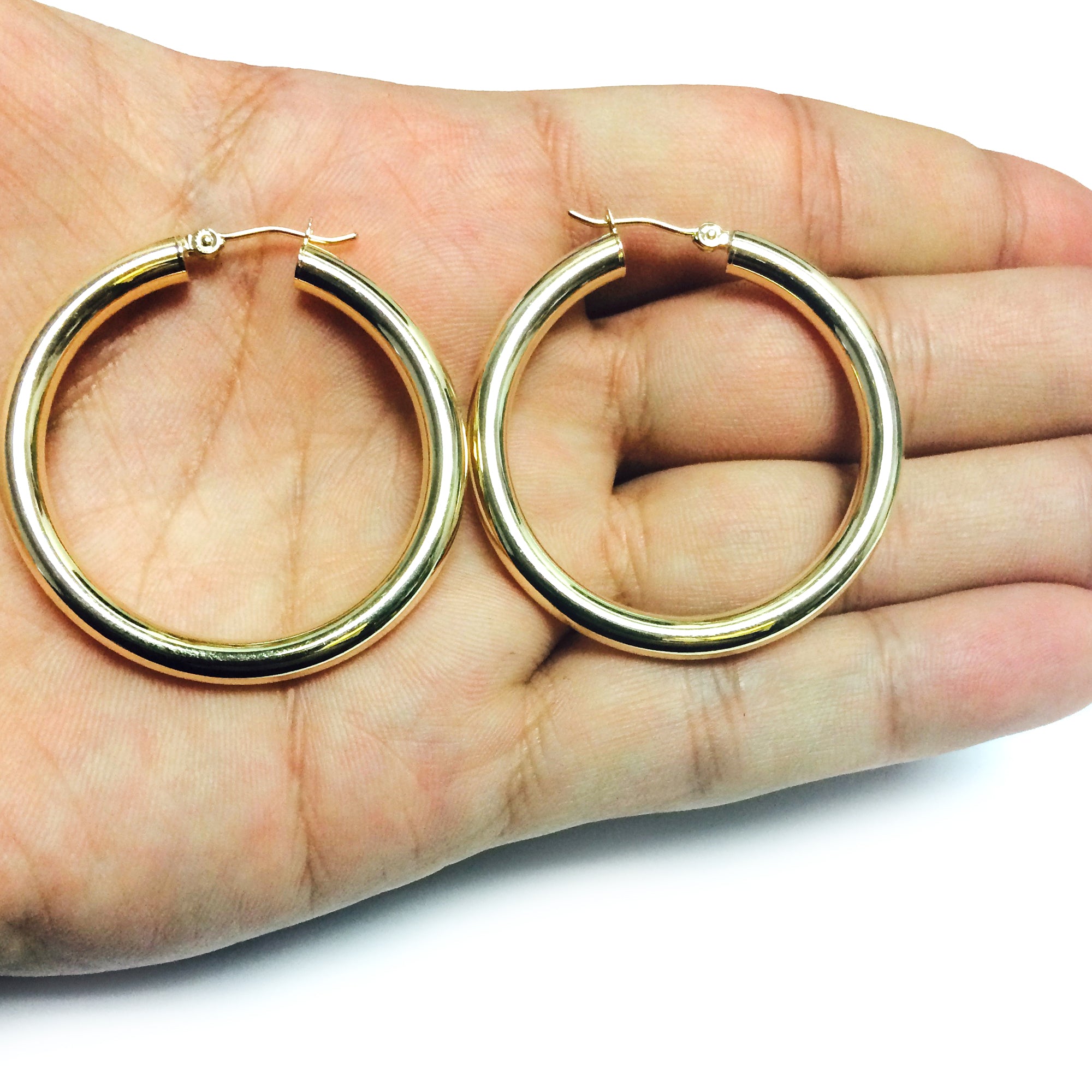 14K Yellow Gold 4MM Shiny Round Tube Hoop Earrings fine designer jewelry for men and women
