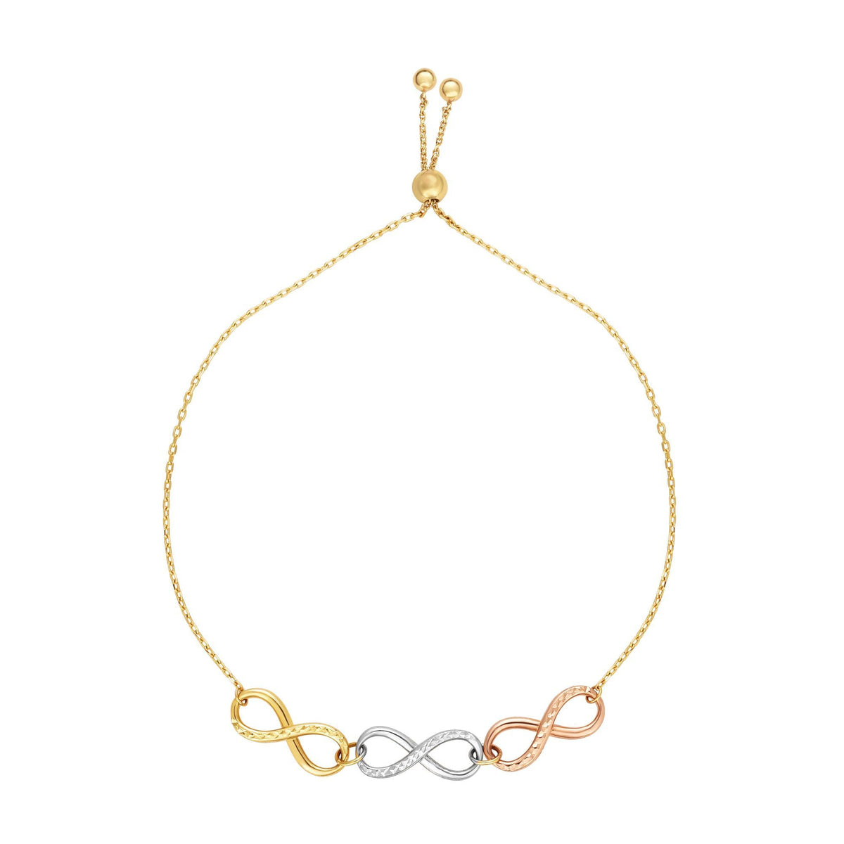 14k Tri Color Gold Infinity Charms Adjustable Bracelet, 9.25" fine designer jewelry for men and women