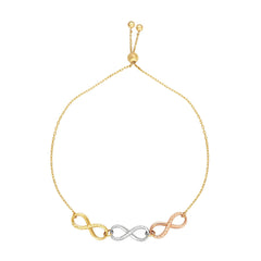 14k Tri Color Gold Infinity Charms Adjustable Bracelet, 9.25" fine designer jewelry for men and women