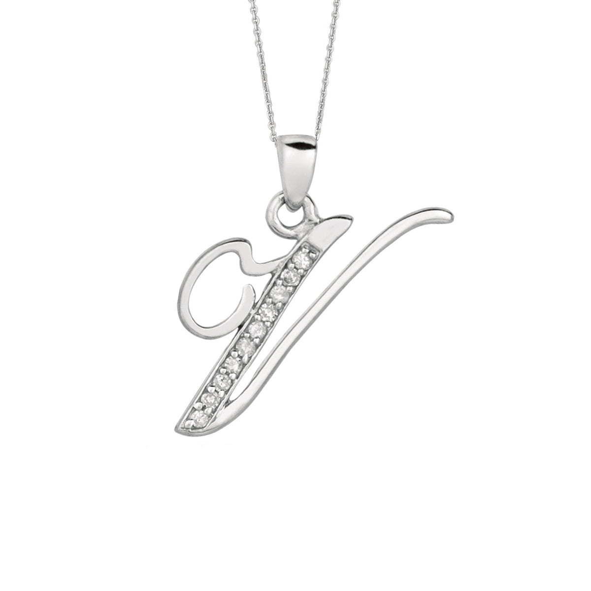 "V" Sterling Silver Rhodium Plated Script Initial Letter With Diamonds On 18 Inch Chain ( 0.05 Tcw) - JewelryAffairs