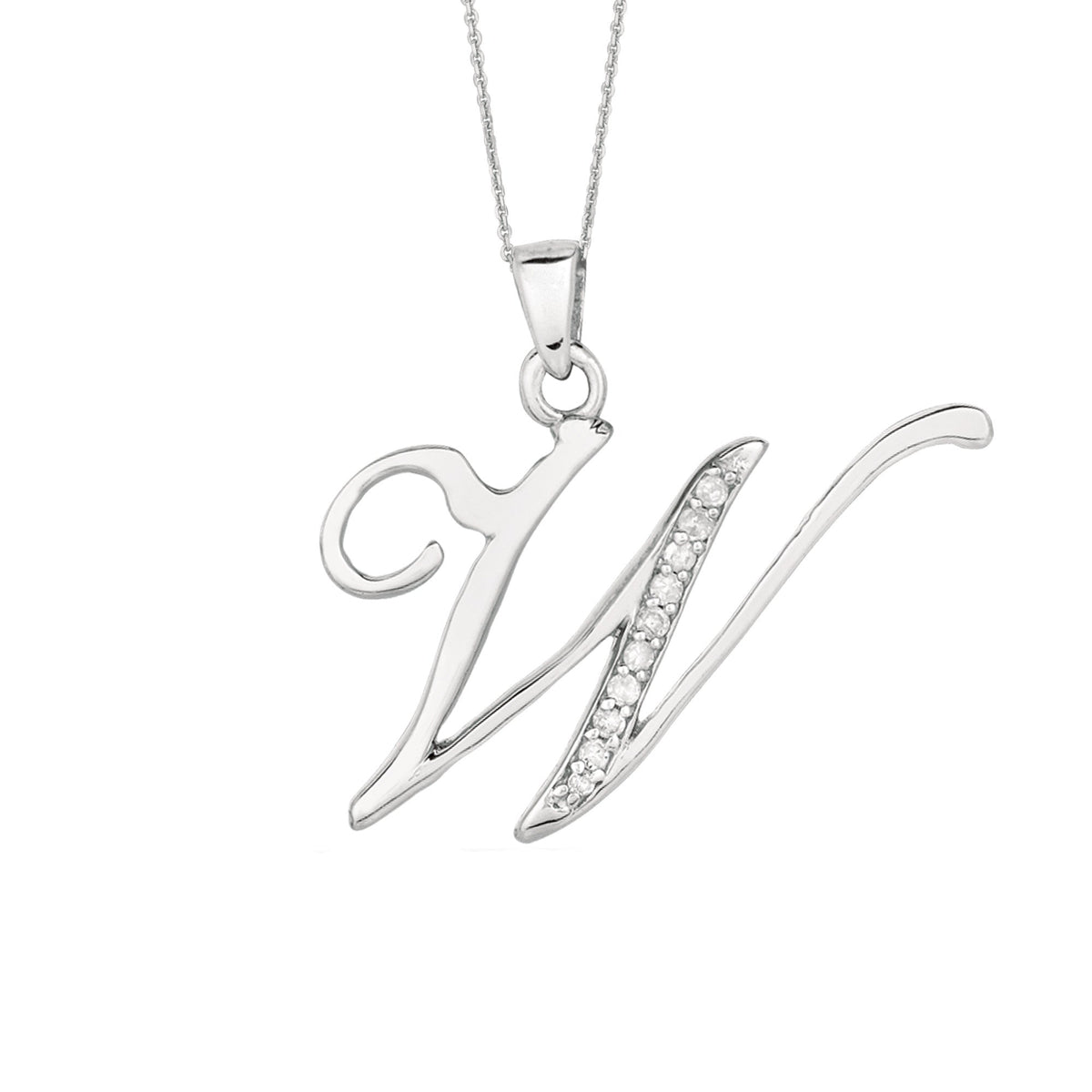 "W" Sterling Silver Rhodium Plated Script Initial Letter With Diamonds On 18 Inch Chain ( 0.05 Tcw) - JewelryAffairs