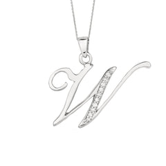 "W" Sterling Silver Rhodium Plated Script Initial Letter With Diamonds On 18 Inch Chain ( 0.05 Tcw) - JewelryAffairs