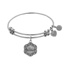 Stipple Finish Brass Mom On 7 Leaf Flower Like Charm Angelica Bangle Bracelet, 7.25" fine designer jewelry for men and women