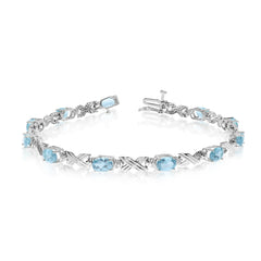 10K White Gold Oval Aquamarine Stones And Diamonds Tennis Bracelet, 7" fine designer jewelry for men and women