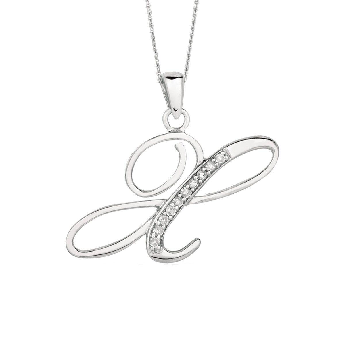 "X" Sterling Silver Rhodium Plated Script Initial Letter With Diamonds On 18 Inch Chain ( 0.05 Tcw) - JewelryAffairs