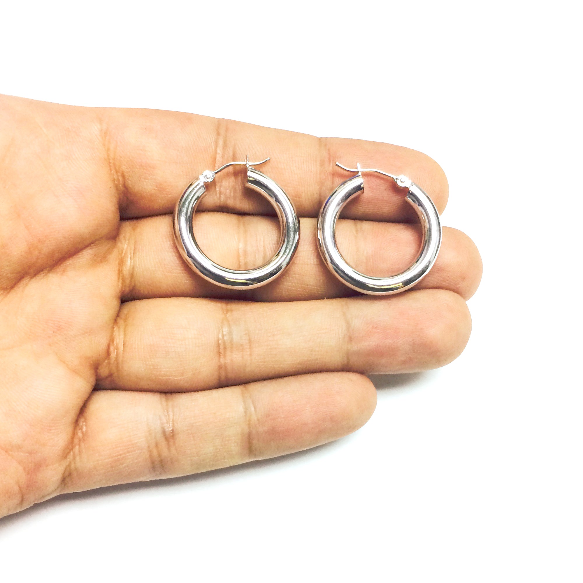 14K White Gold 4MM Shiny Round Tube Hoop Earrings fine designer jewelry for men and women