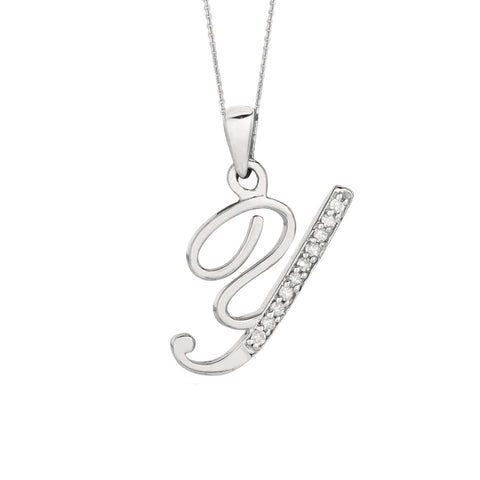 "Y" Sterling Silver Rhodium Plated Script Initial Letter With Diamonds On 18 Inch Chain ( 0.05 Tcw)