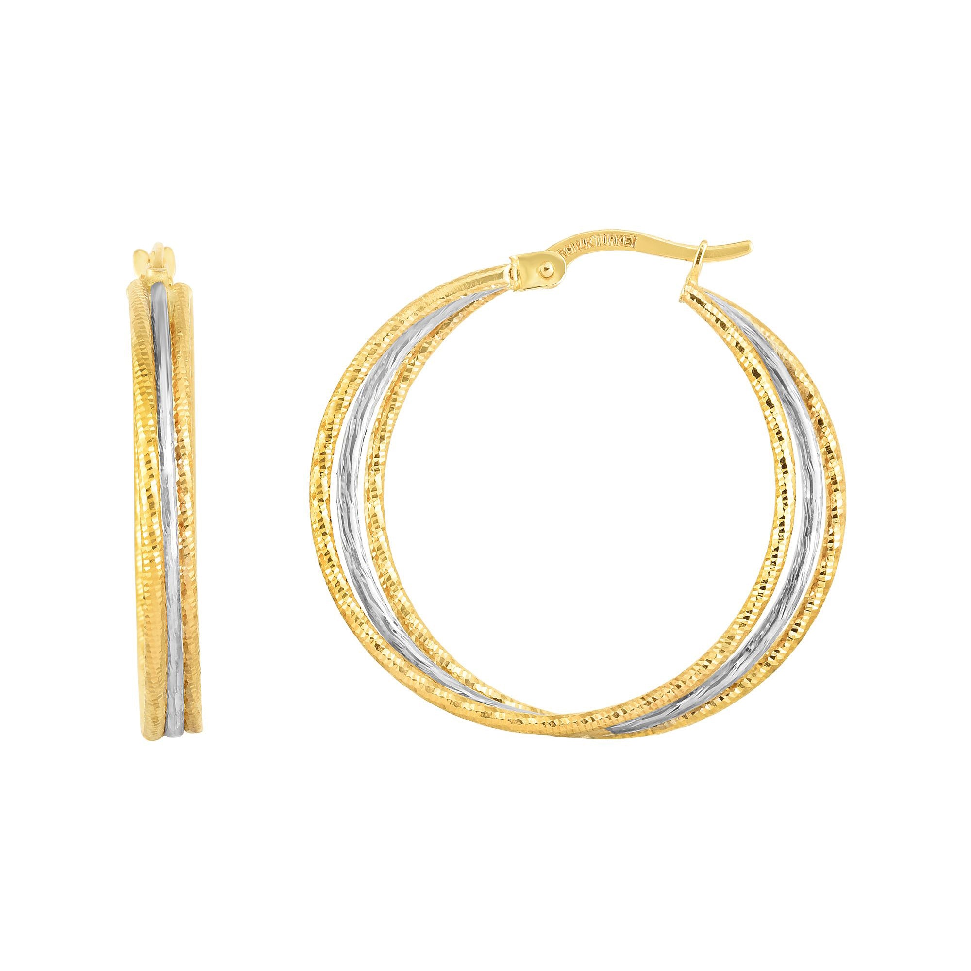 14K Gold Yellow And White Finish Hoop Earrings, Diameter 30mm fine designer jewelry for men and women