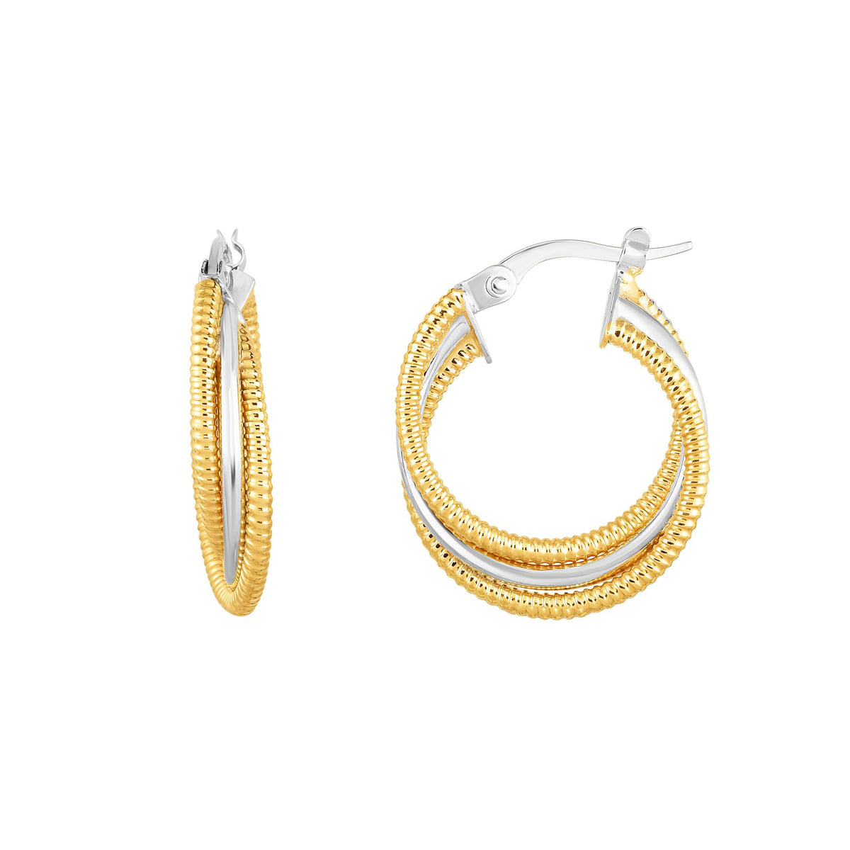 14K Gold Yellow And White Finish Hoop Fancy Earrings, Diameter 15mm fine designer jewelry for men and women