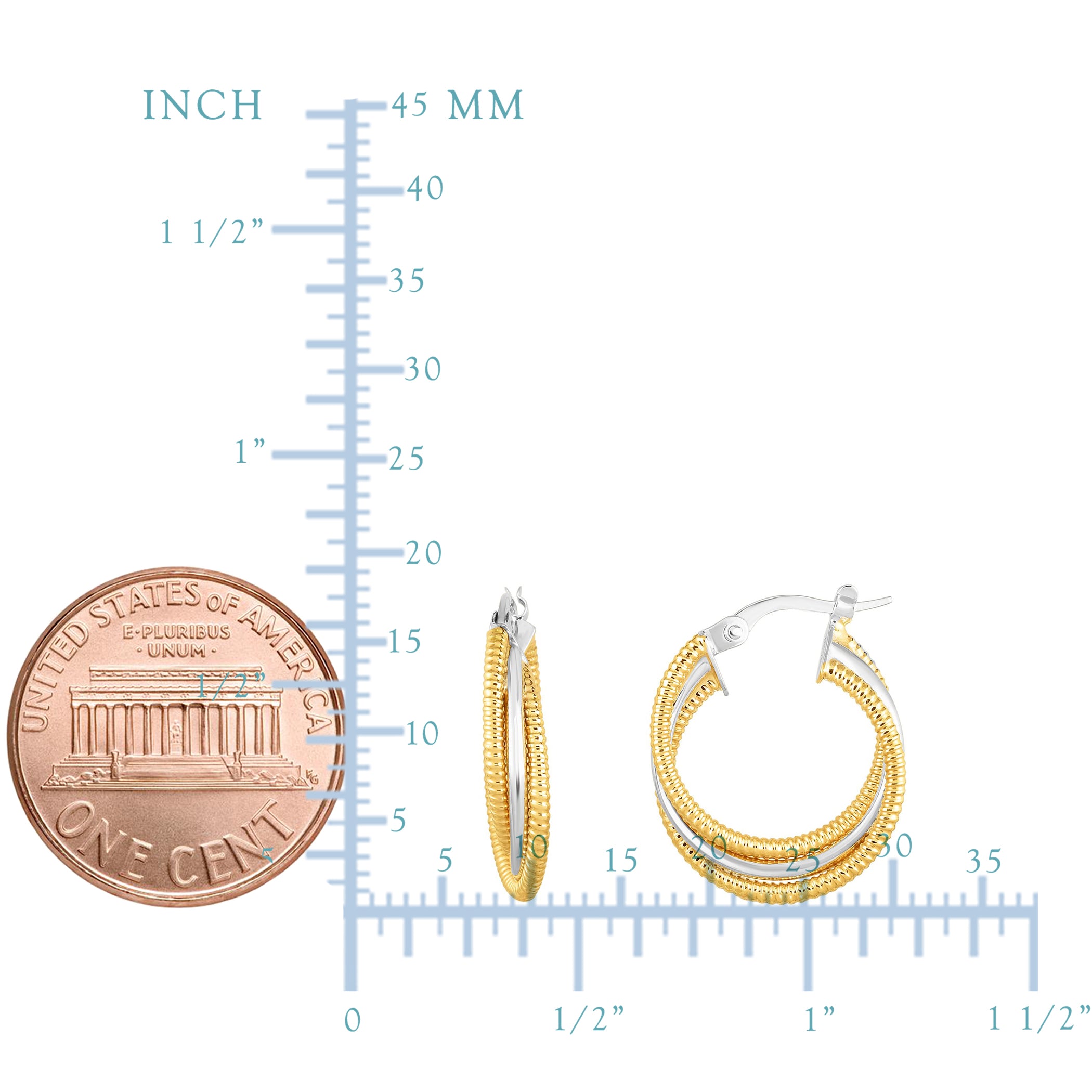 14K Gold Yellow And White Finish Hoop Fancy Earrings, Diameter 15mm fine designer jewelry for men and women