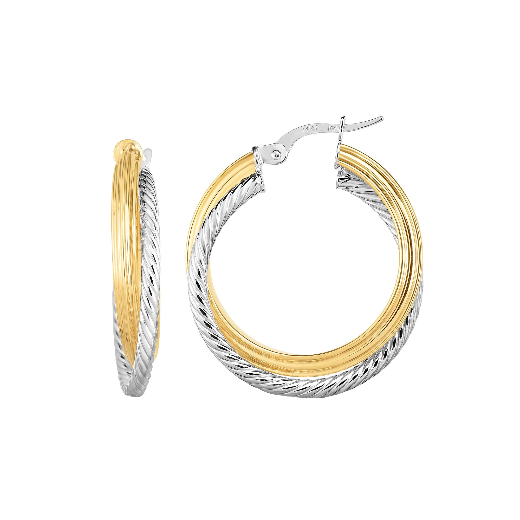 14K Gold Yellow And White Finish Hoop Fancy Earrings, Diameter 20mm fine designer jewelry for men and women